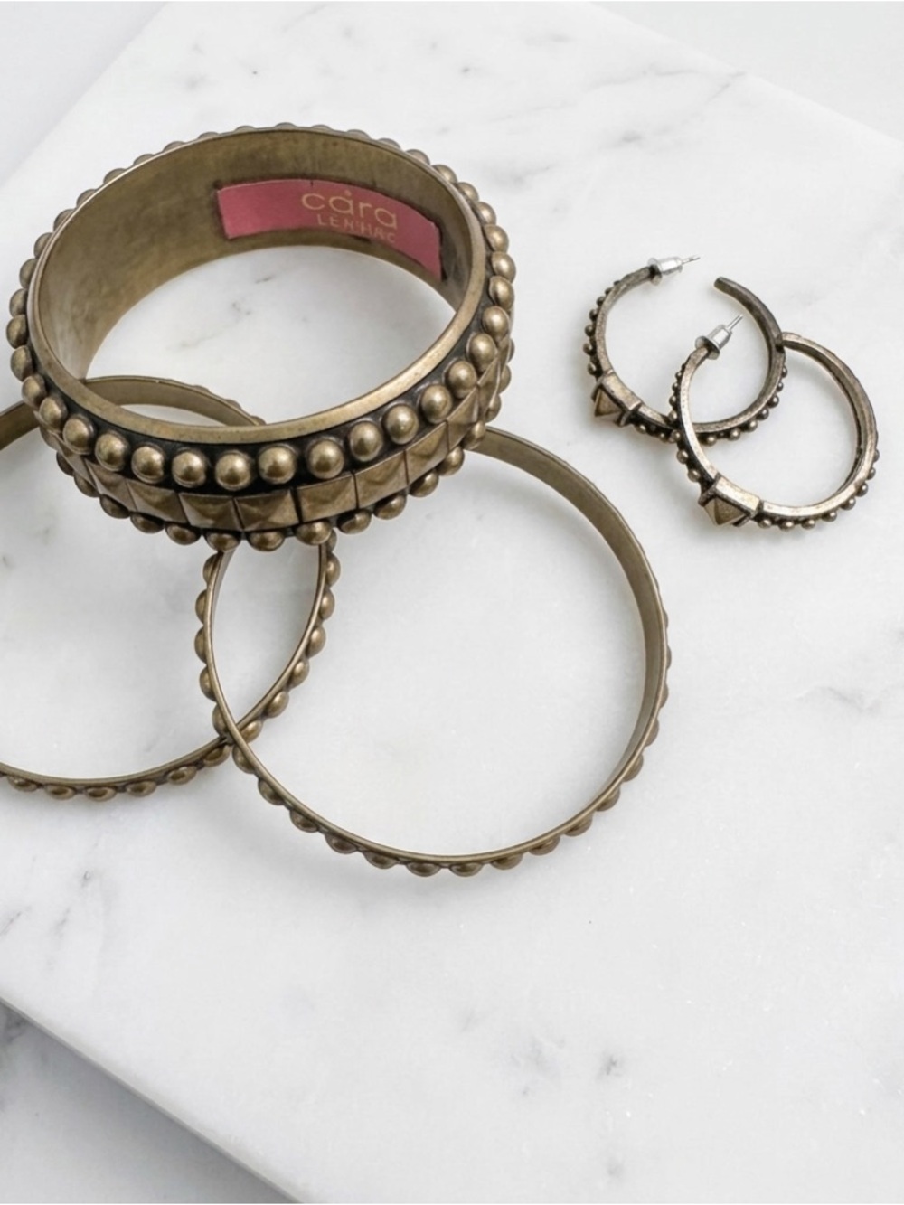 Vintage Style Boho Brass Bangle Studded Beaded Bracelet Trio Free Earrings